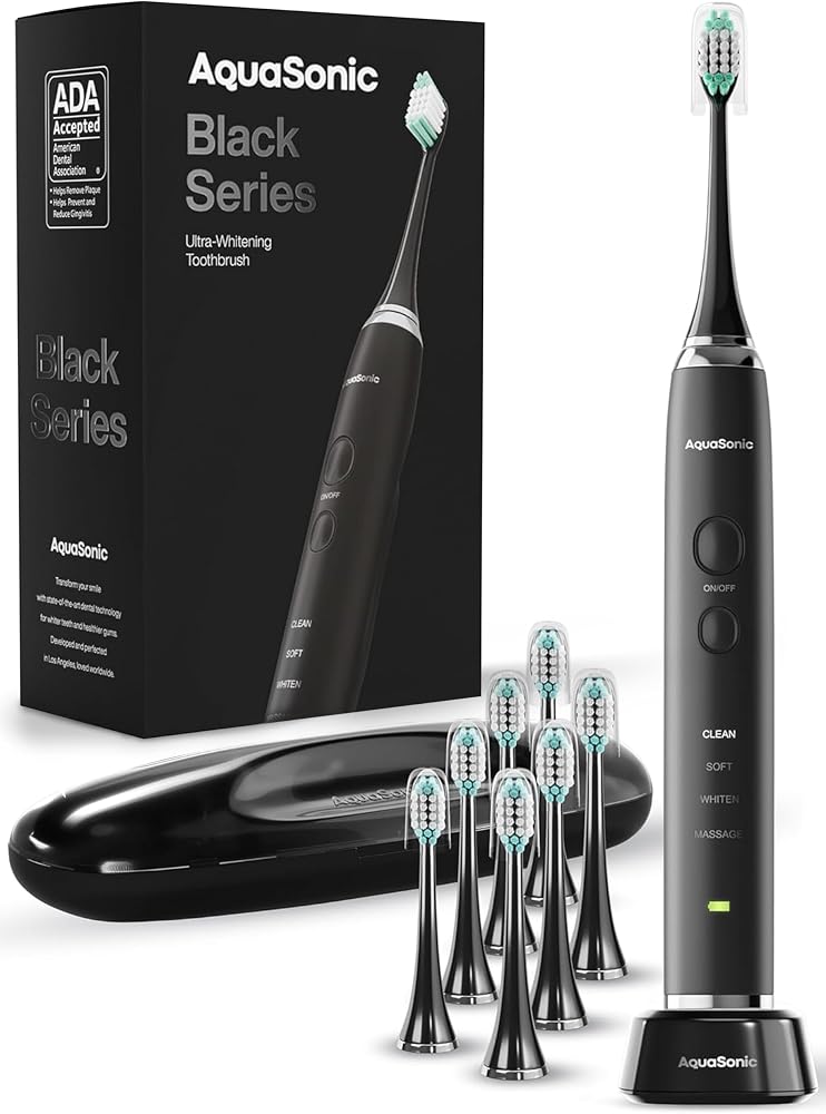 Aquasonic Black Series Ultra Whitening Toothbrush – ADA Accepted Electric Toothbrush- 8 Brush Heads & Travel Case – 40,000 VP