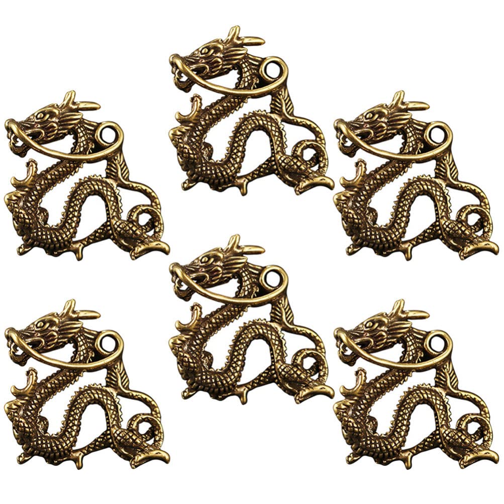 Happyyami Brass Dragon Charm 6pcs Antique Chinese Feng Shui Dragon Pendant Wealth Prosperity Hanging Ornament for Making Accessory DIY Necklace Keychain