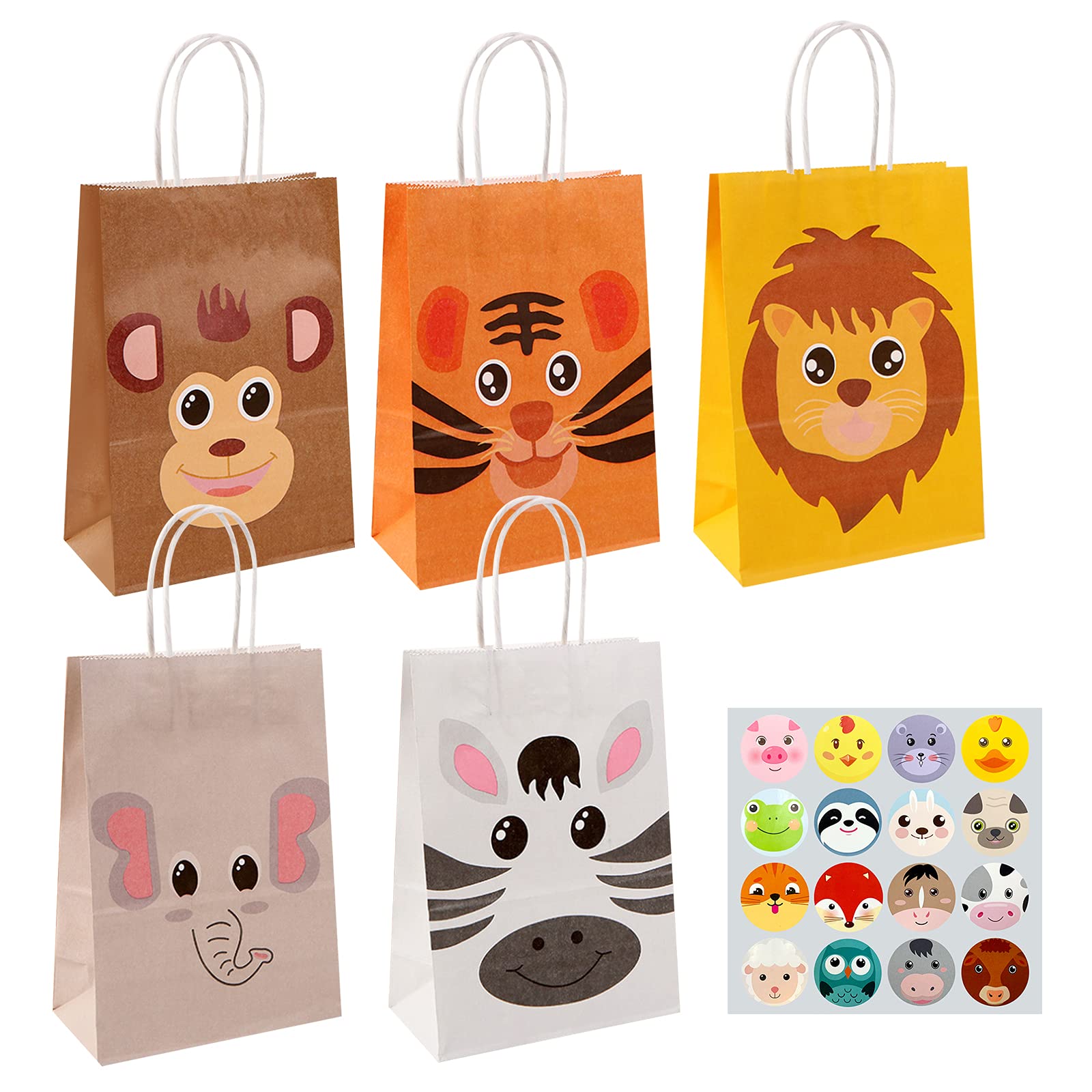 OWill 10 Pcs Animals Gift Bags,Jungle Safari Zoo Kids Party Bags with Animal Stickers for Kids Birthday Party Favor - 210x150x80mm