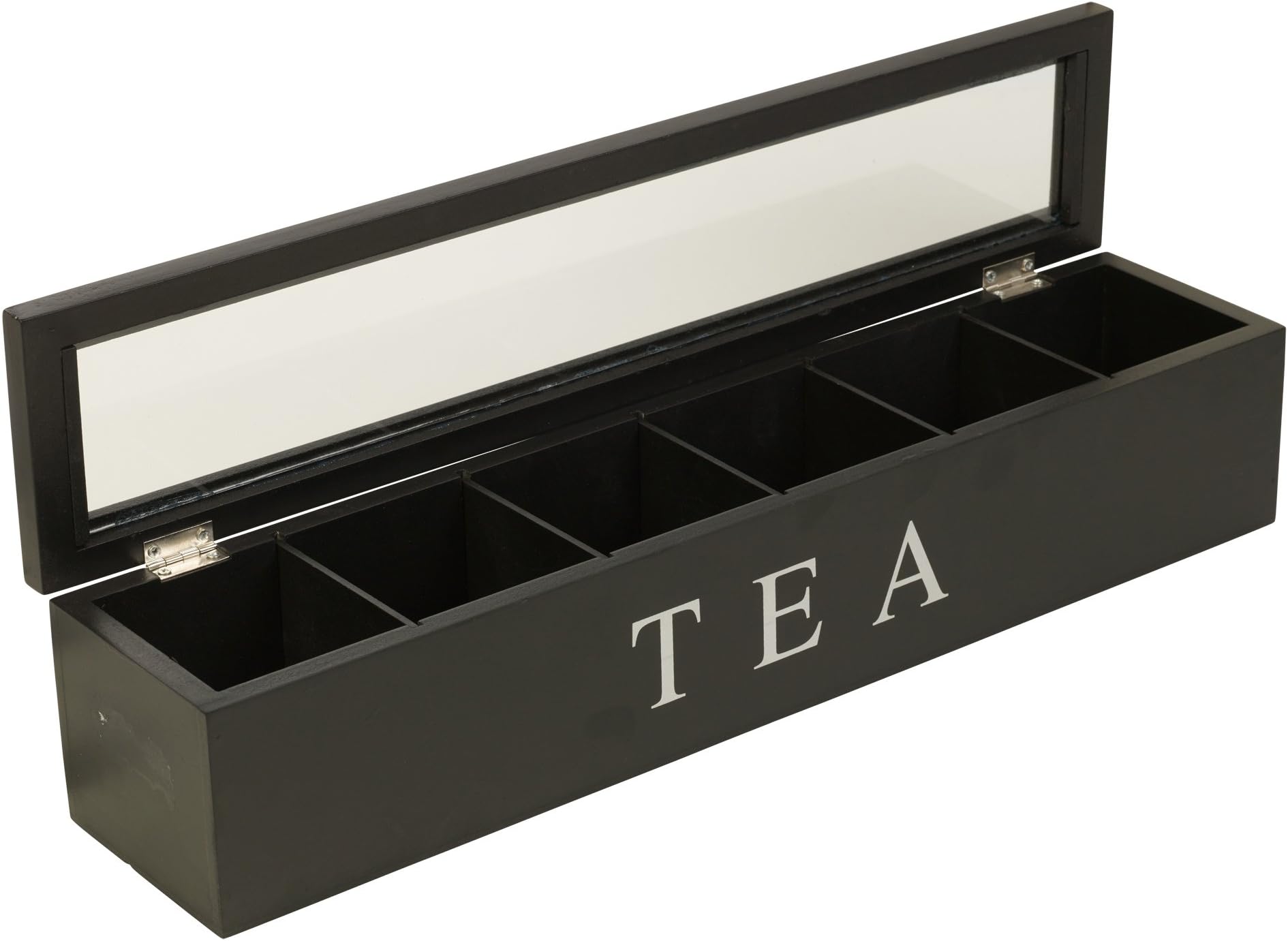 EG Homewares Wooden Tea Box 6 Compartments Hinged Glass Lid Spice Coffee Capsule Holder Food