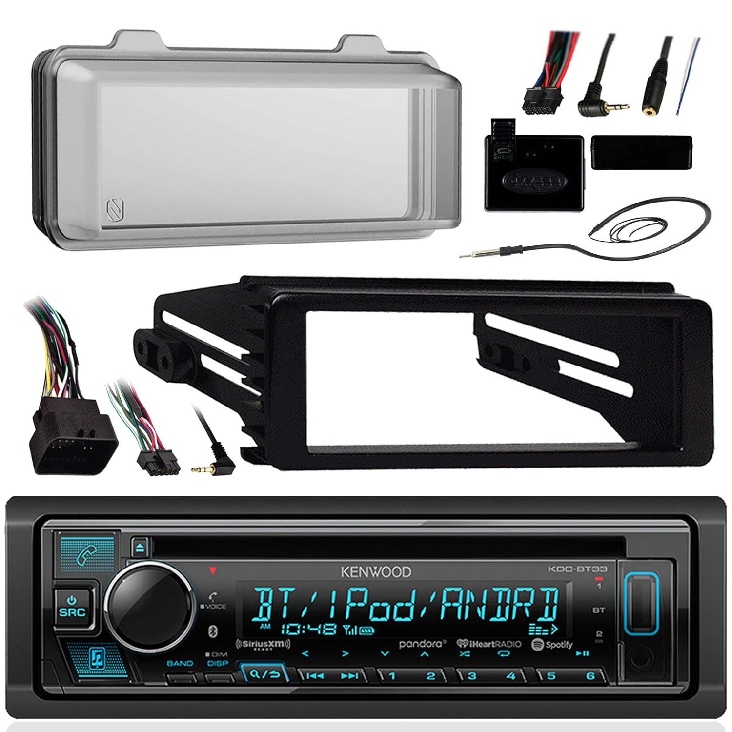 Kenwood Bluetooth Radio USB AUX CD Player Receiver w/ Cover - Bundle with Install Dash Kit, Handle Bar Control, Enrock Antenna for 98- 2013 Harley Touring FLHT FLHX FLHTC Motorcycle Bike