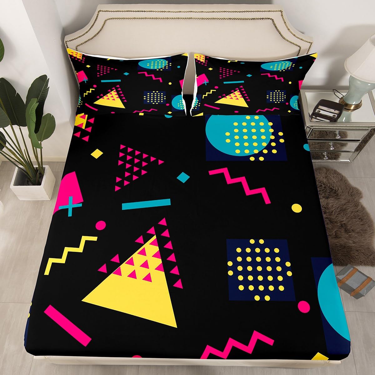 Memphis Fitted Sheet King Size, Retro 80s or 90s Geometric Fashion Style Bedding Set 3pcs for Kid, Triangle Circle Vintage Bed Cover with 2 Pillowcases, Soft Polyester Bedding
