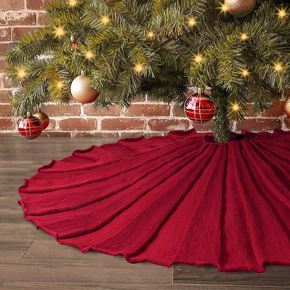 LimBridgeChristmas Tree Skirt, 48 inches Knitted Ruffled Rustic Pleated Thick Heavy Yarn Knit Xmas Holiday Decoration, Red