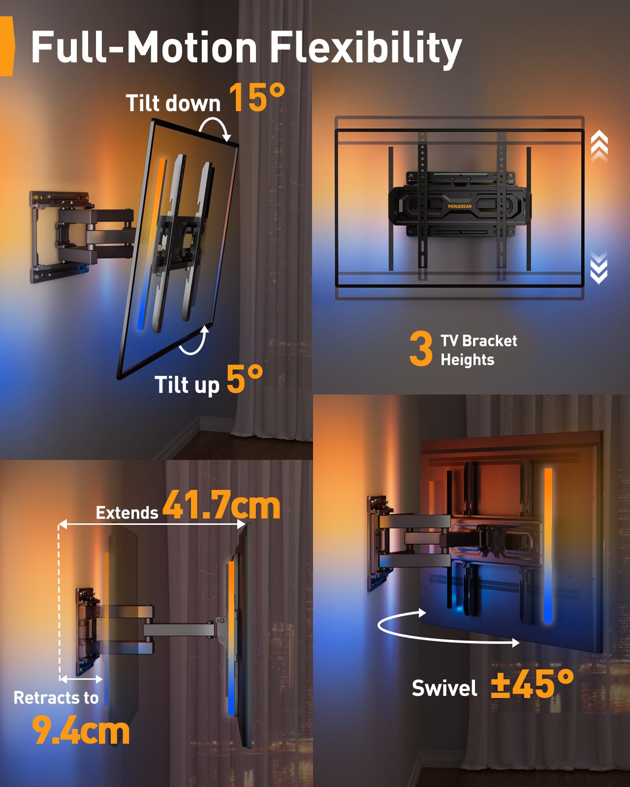 Perlegear TV Wandhalterung für 26-65 Zoll TVs bis 45 kg, LED-Hintergrundbeleuchtung mit Musik-Synchronisation, Max VESA 400x400mm mit Schwenk, Erweiterungs und Neigefunktion PGMF20 5