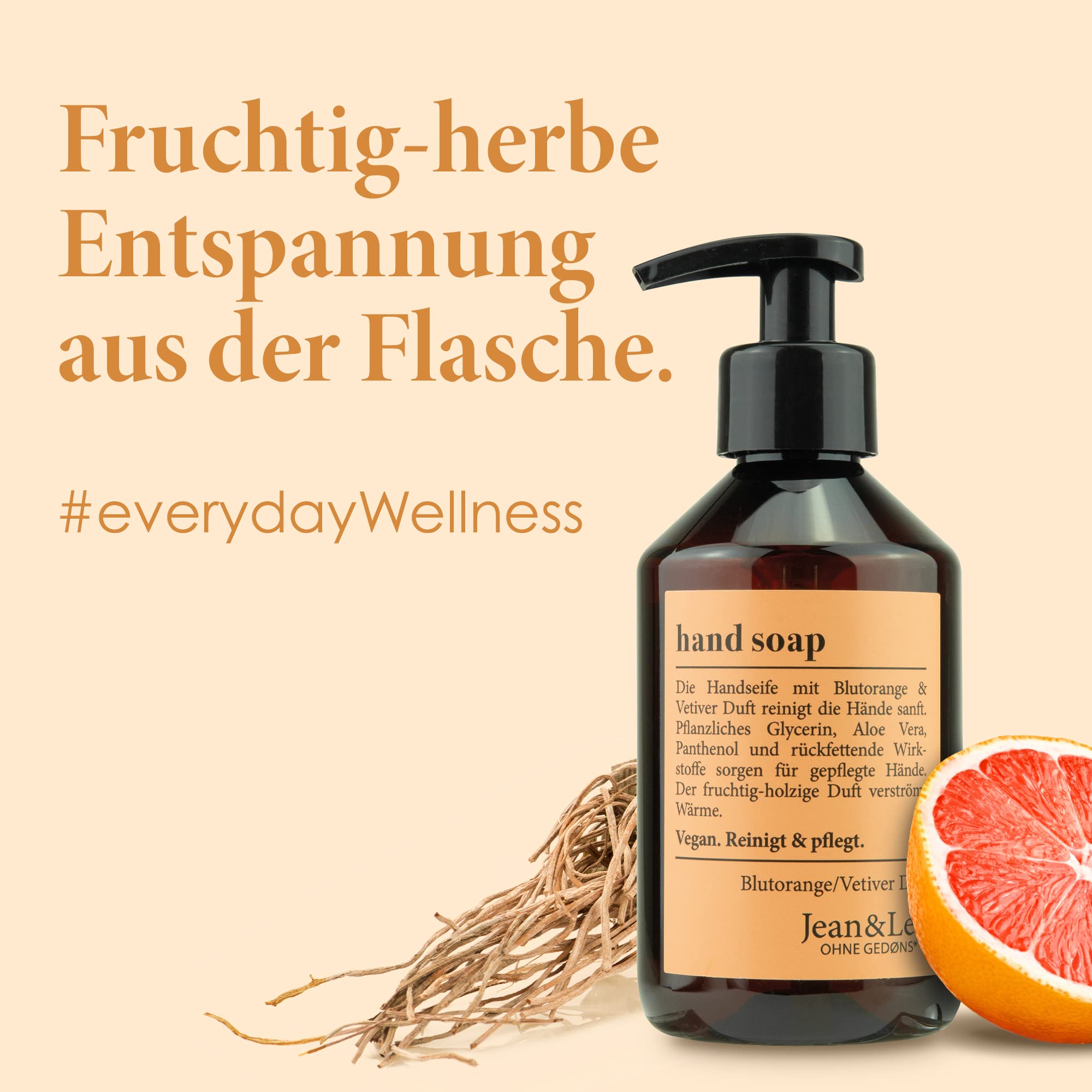 Jean & Len Handseife Blutorange & Vetiver, reinigt Hände sanft, Flüssigseife im Pumpspender für Reine und gepflegte Hände, fruchtig-holziger Duft, ohne Parabene & Silikone, vegan, 250 ml 5