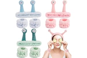 SuPoo Headbands and Wristbands Set, 9 Pcs Snail Spa Alien Headbands, Face Wash Wristbands, Makeup Headbands, Shower Hair Bands in Pink, Green, Blue for Women