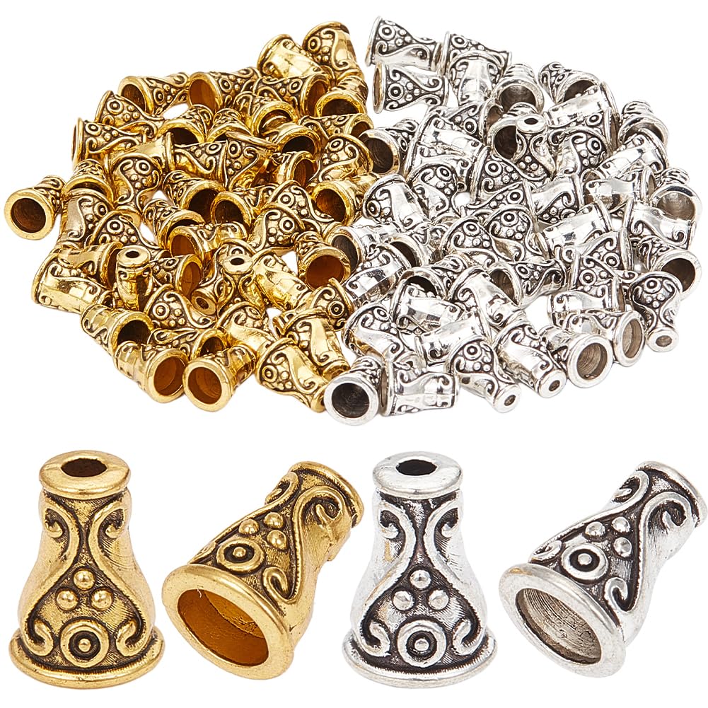 SUNNYCLUE 1 BOX 100PCS 10mm Cone Bead End Caps Flower Tassel Bead Alloy Tibetan Vintage Metal Gold Silver Tube Loose Spcacer Bead Bulk for jewellery Making Charms Diy Bracelet Necklace Crafts Supplies