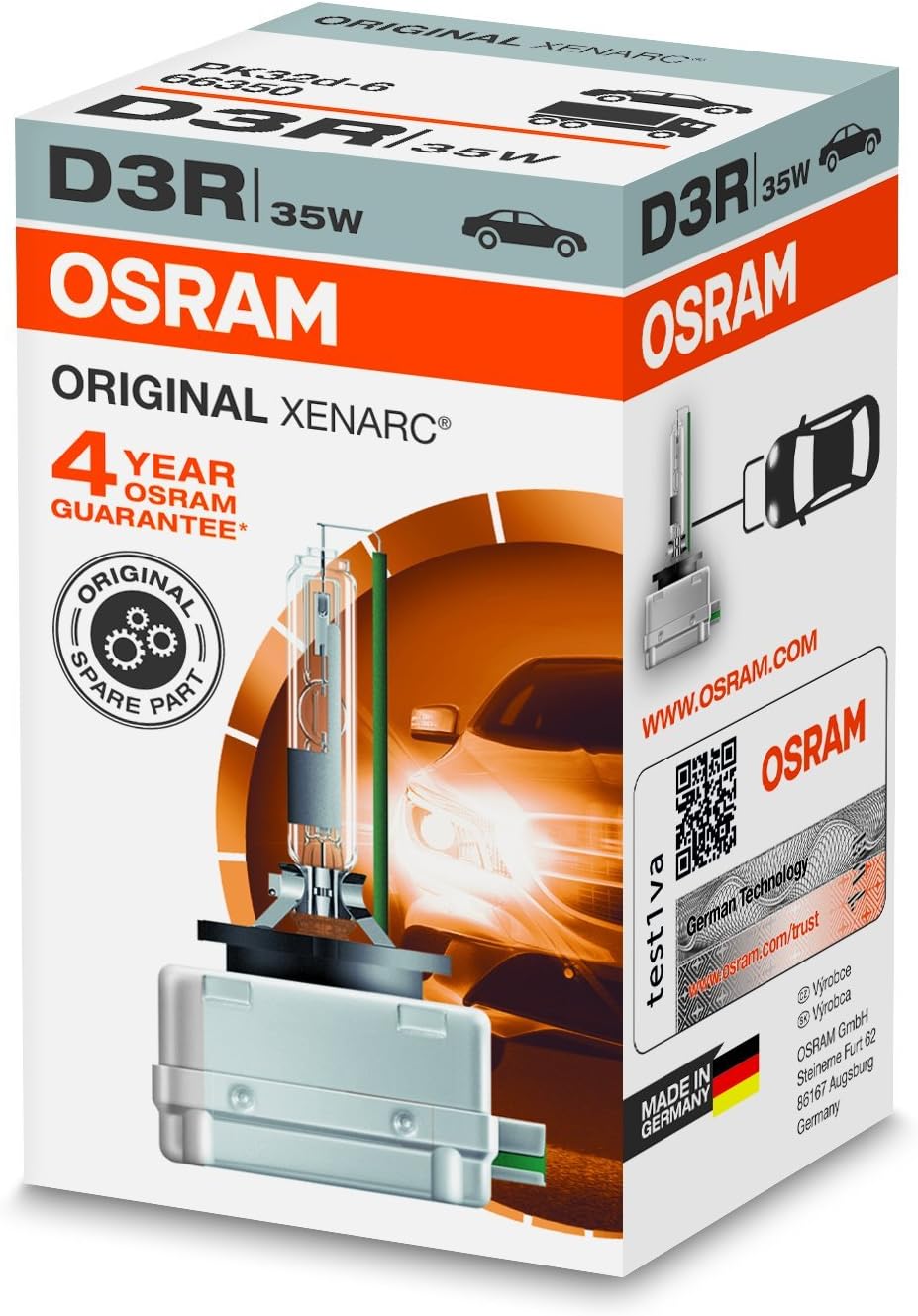 OSRAM XENARC ORIGINAL D3R xenon headlamp bulb 66350 +100% 4150K 1 piece in folding box, Silver