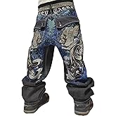 Ethbox Men's Hip Hop Retro Embroidered Jeans Street Hip Hop Y2K Gothic Straight Loose Wide Leg Pants