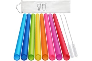 HIWARE 8 Pcs Extra Wide Reusable Boba Straws with 1 Bag & 2 Brushes - BPA FREE Multicolor Big Jumbo Large Plastic Straws for Smoothies, Bubble Tea(Tapioca, Boba Pearls), Milkshakes