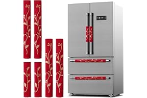 BUNNY CHORUS Christmas Refrigerator Handle Covers: 6PC Red Luxury Velvet Handle Covers with Gold Embroidered Holly Leaf, Vintage Christmas Decorations for Double Door Fridge Kitchen Microwave Dishwasher Decoration