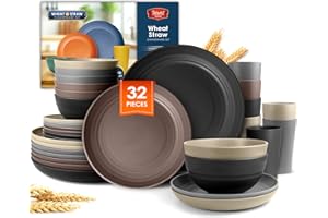 Teivio 32-Piece Kitchen Plastic Wheat Straw Dinnerware Set,Service for 8,Unbreakable Plates, Bowls and Cups Set,Farmhouse Out
