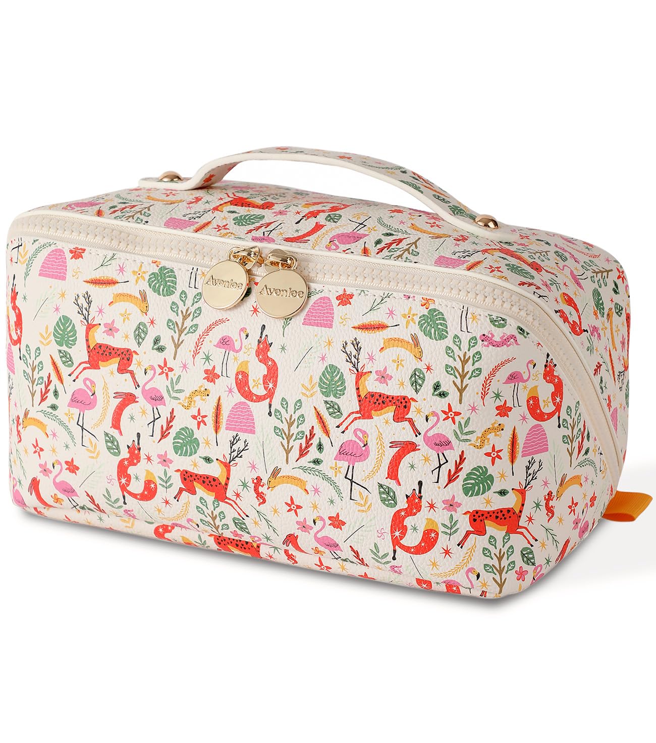 Photo 1 of Aveniee Travel Makeup Bag for Women, Large Cosmetic Organizer with Open-Flat Design, Clear Divider & Handle - Waterproof PU Leather Toiletry Pouch