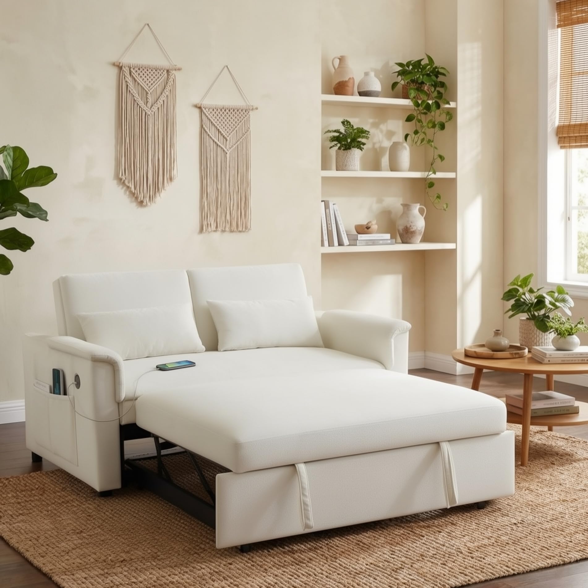 View 1 of ***NO RETURNS, FINAL SALE***Trygoal Sofa Bed, Pull Out Couch with Side Pockets, 3 in 1 Velvet Loveseat Sleeper Sofas Beds with USB Ports, Sofa Bed Couch with Adjustable Backrest for Living Room, Bedroom, Apartment, White