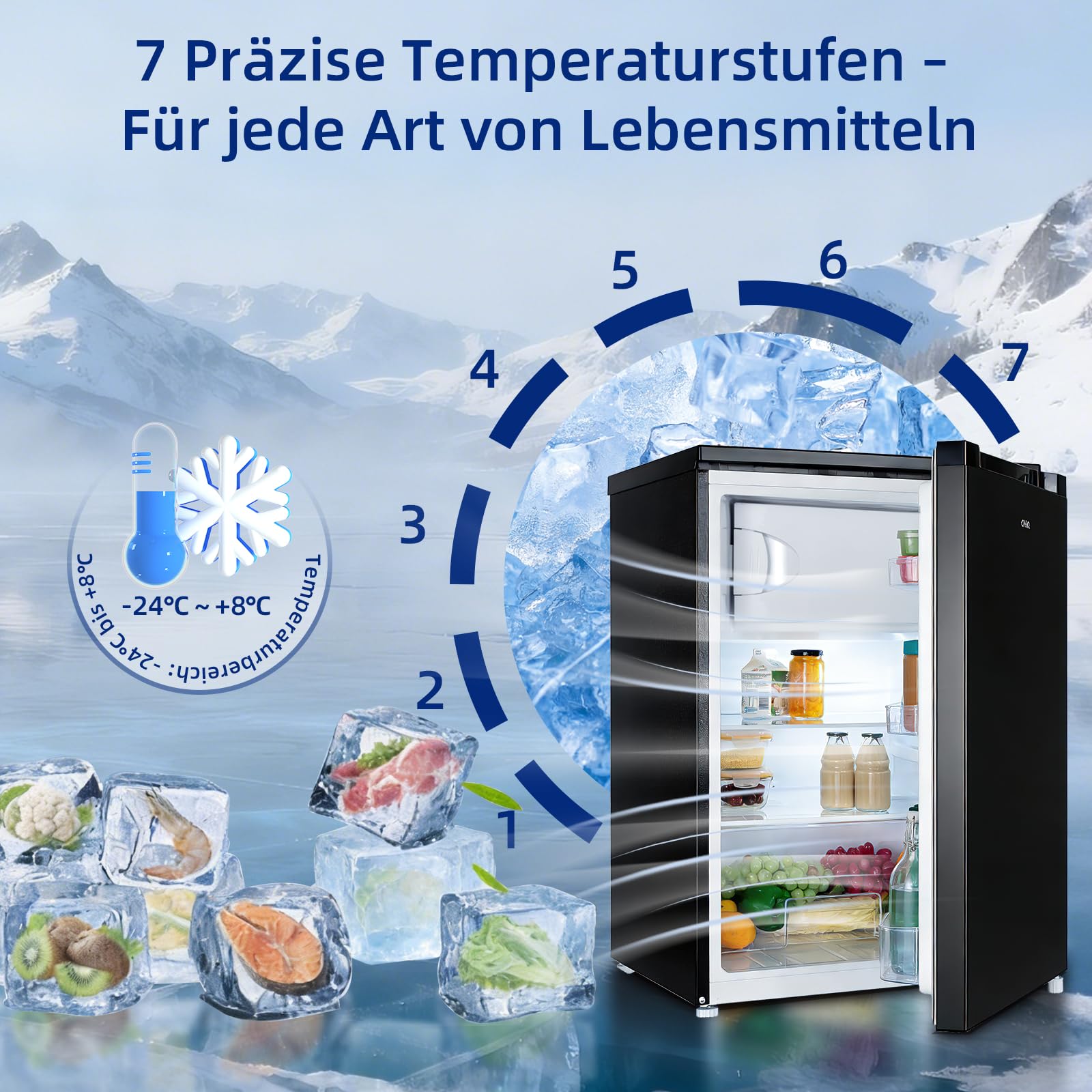CHIQ kühlschrank mit gefrierfach 107 Liter, mit 13L Gefrierfach｜EEK C, 87 kWh/Jahr | 4-Sterne-Gefrieren, -24 °C bis -16 °C| geräuscharm, Schwarz, CTT107BC 7