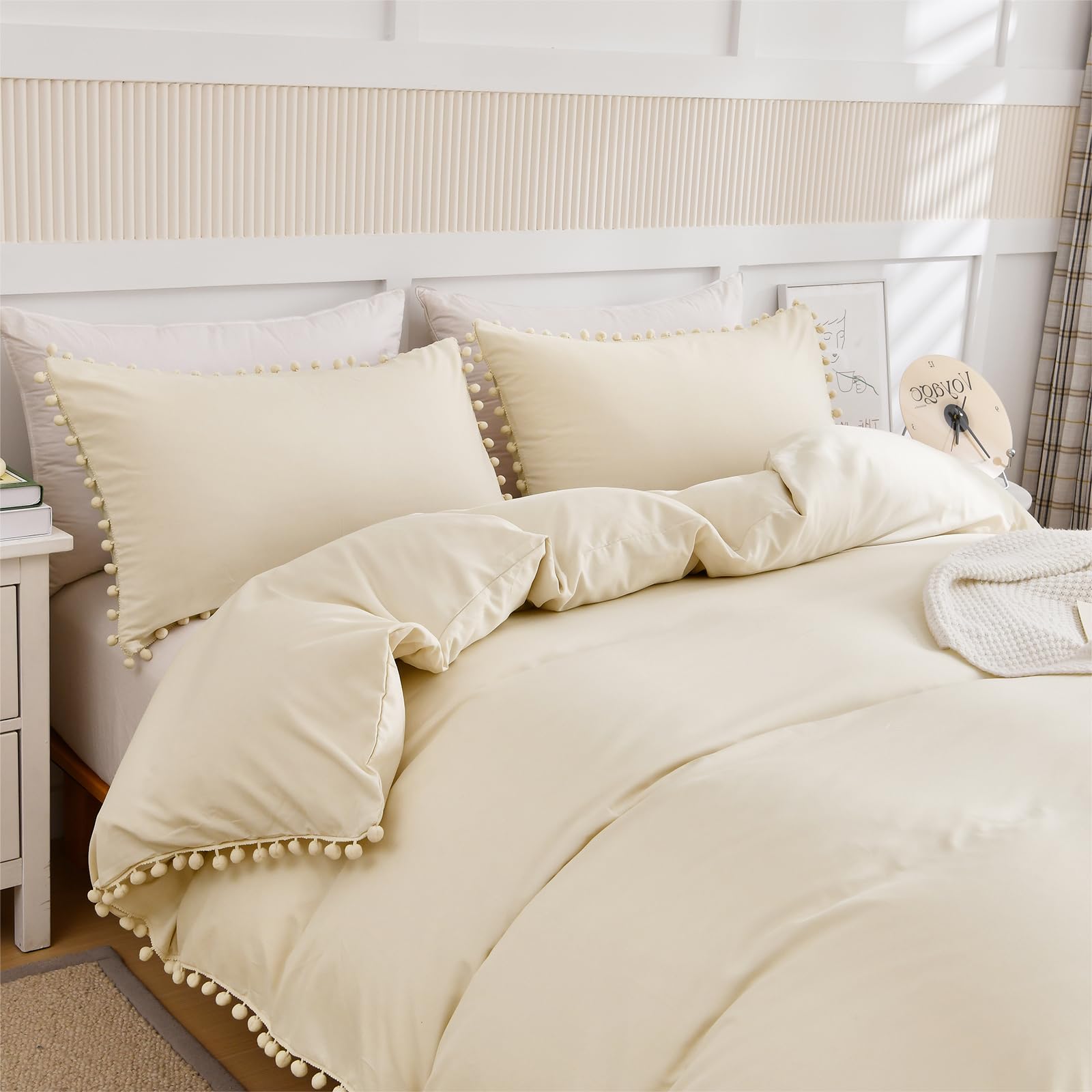 WONGS BEDDING King Size Duvet Cover Sets Cream Tassels Pompom Bedding Set 3PCS with 2 Pillowcases Cozy Soft Microfiber Zipper Closure King Size Bedding Sets for All Season (220x230cm)
