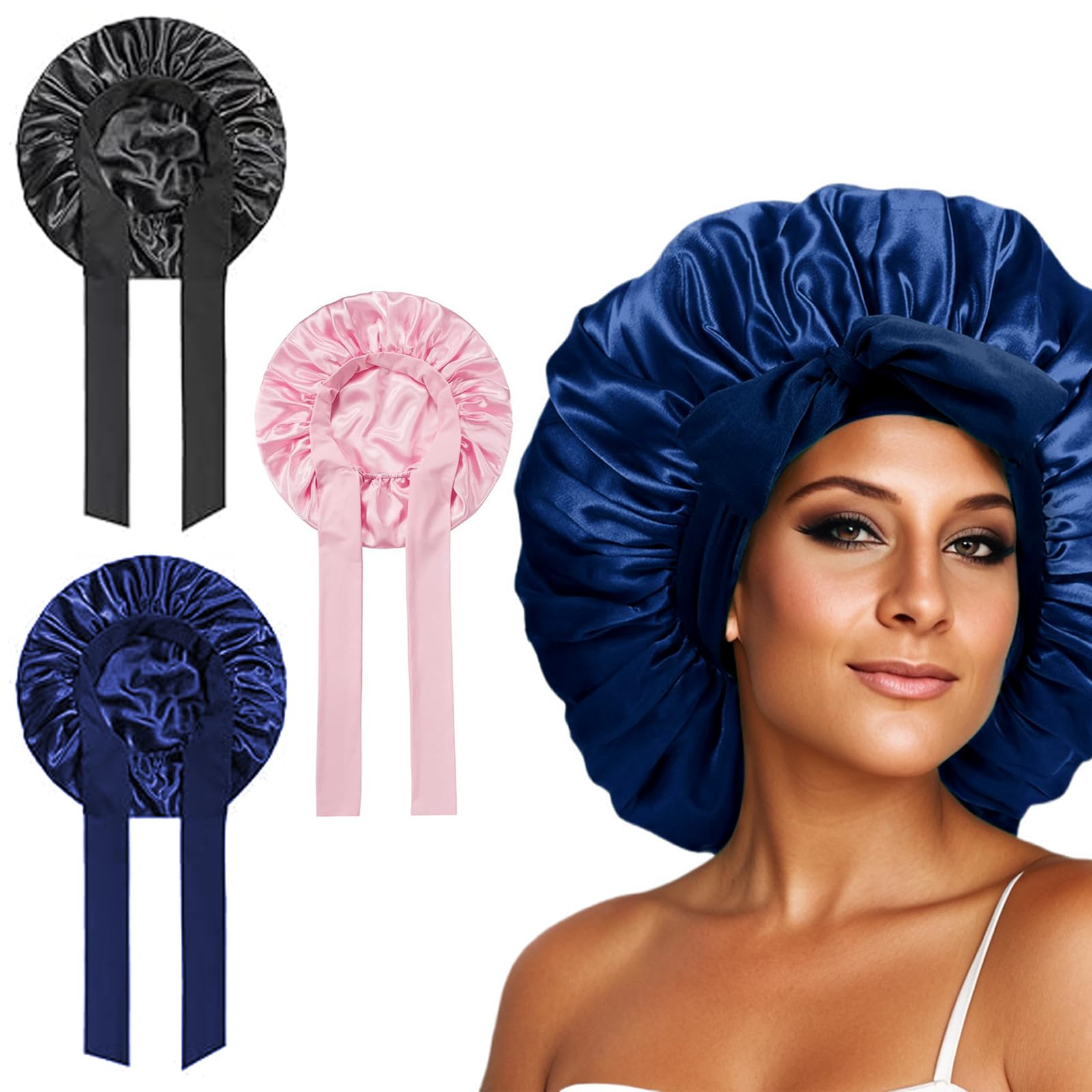 Bettinay 3 PCS Silk Bonnet for Sleeping Curly Hair, Pink Satin Bonnets Shower Caps with Tie for Women Girls