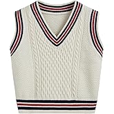 CIDER Sweater Vest Women V Neck Sleeveless Knit Top Cable Knit Oversized Preppy Pullover Vest Contrasting Binding