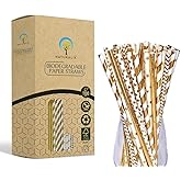 Naturalik 100-Pack Biodegradable Gold Paper Straws - Extra Durable, Striped/Wave/Heart/Star/Solid Gold Straws for Birthday, Wedding, Bridal/Baby Shower and Party Supplies