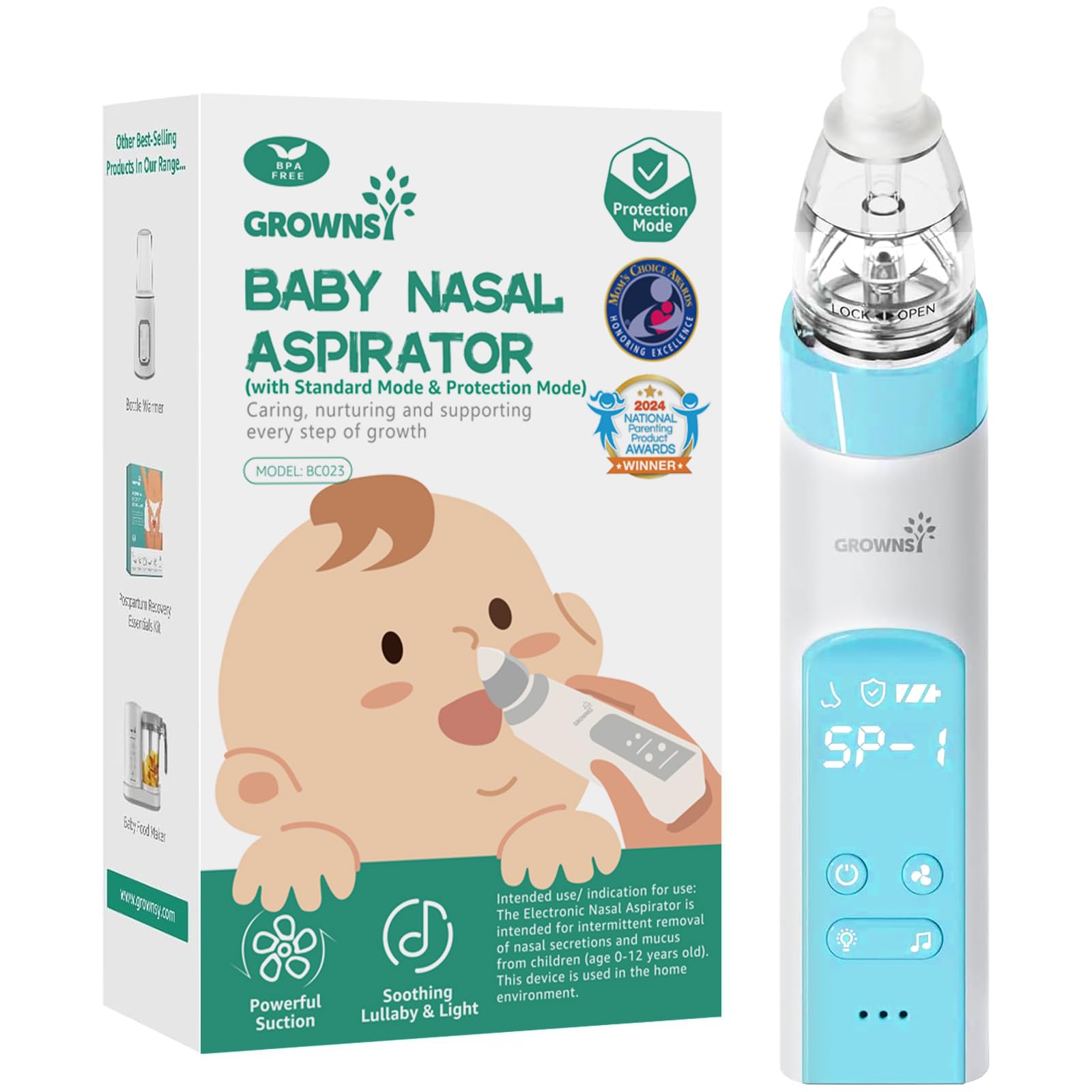 Photo 1 of GROWNSY Nasal Aspirator for Baby with Protection Mode, Electric Nose Suction for Baby, Automatic Baby Nose Sucker with 3 Silicone Tips, Adjustable Suction Level, Music and Light Soothing Function