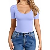 MANGOPOP Women's Scoop Neck Slim Fitted Short Sleeve Double Lined T Shirt Tight Basic Tops Y2K Tee