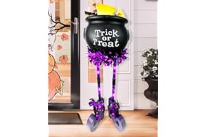 Dehoxara Halloween Decorations 24'' Witches Legs Candy Bowl with 26 LED Lights Trick or Treat Sign Funny Witch Cauldron Hocus Pocus Bucket for Party Porch Lawn Outdoor Home Decor