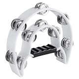 Half Moon Musical Tambourine Double Row Metal Jingles Hand Held Percussion Drum Multicolor for KTV Party with Ergonomic Handle Grip (White)