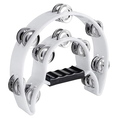 Half Moon Musical Tambourine Double Row Metal Jingles Hand Held Percussion Drum Multicolor for KTV Party with Ergonomic Handle Grip (White)