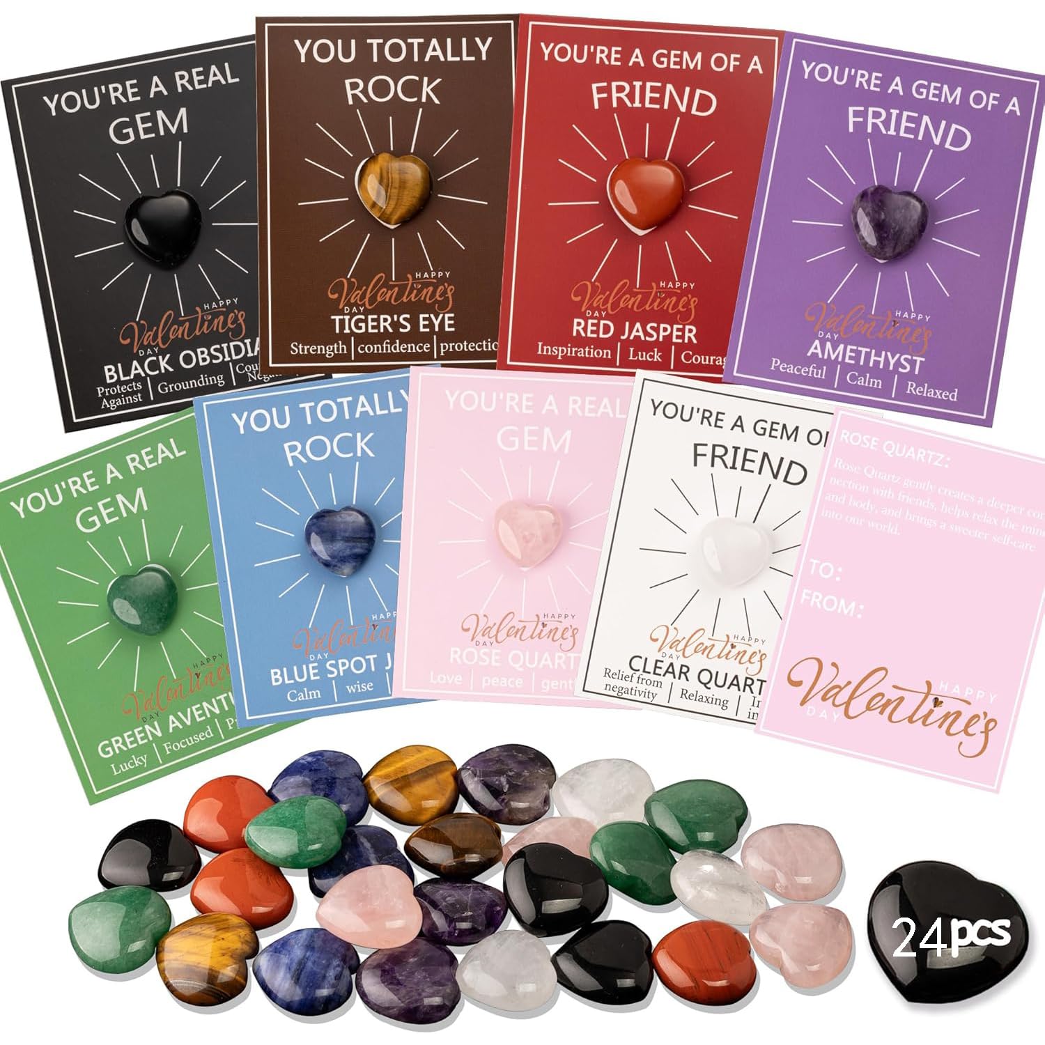 Photo 1 of 24Pack Valentines Cards with Heart-Shaped Crystal Stones, Heart-Shape Crystal Valentines Cards, YOU'RE A GEM OF A FRIEND, Valentines Gift Cards for Kids School Class Classroom (Random acrylic stones)