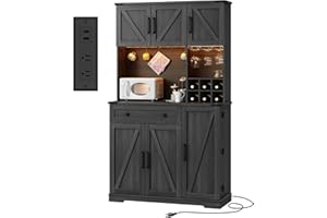 Dripex 71" Pantry Cabinet with Charging Station, Farmhouse Kitchen Pantry Storage Cabinet with Outlet & LED Light, Microwave Stand, Tall Kitchen Hutch with Storage for Living Room, Dining Room, Black