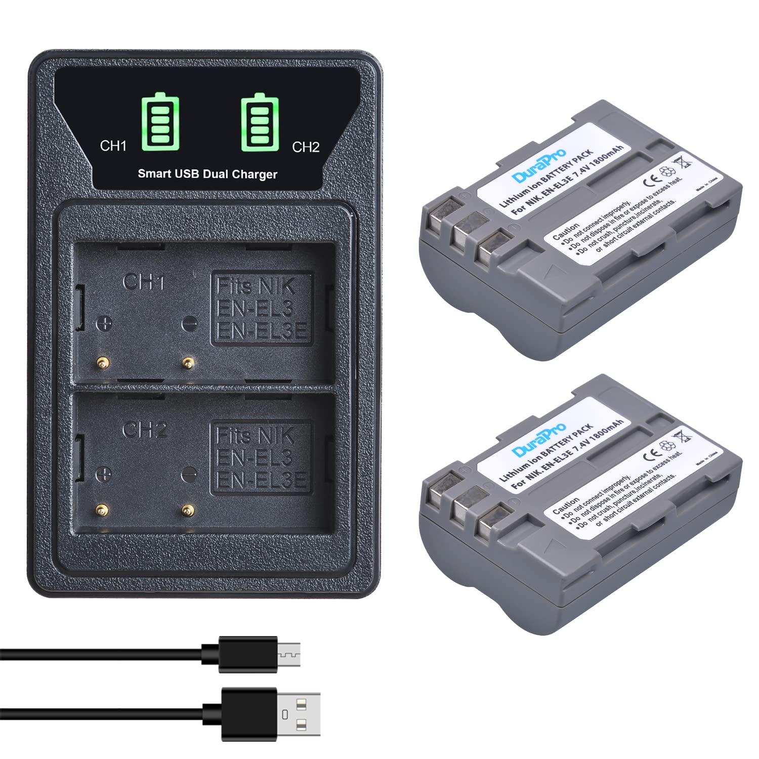 DuraPro 2 Packs EN-EL3e EN EL3E Battery + Slim LED Dual USB Charger with Type C Port Replacement for Nikon EN-EL3E D50, D70, D70s, D80, D90, D100, D200, D300 Digital SLR Cameras