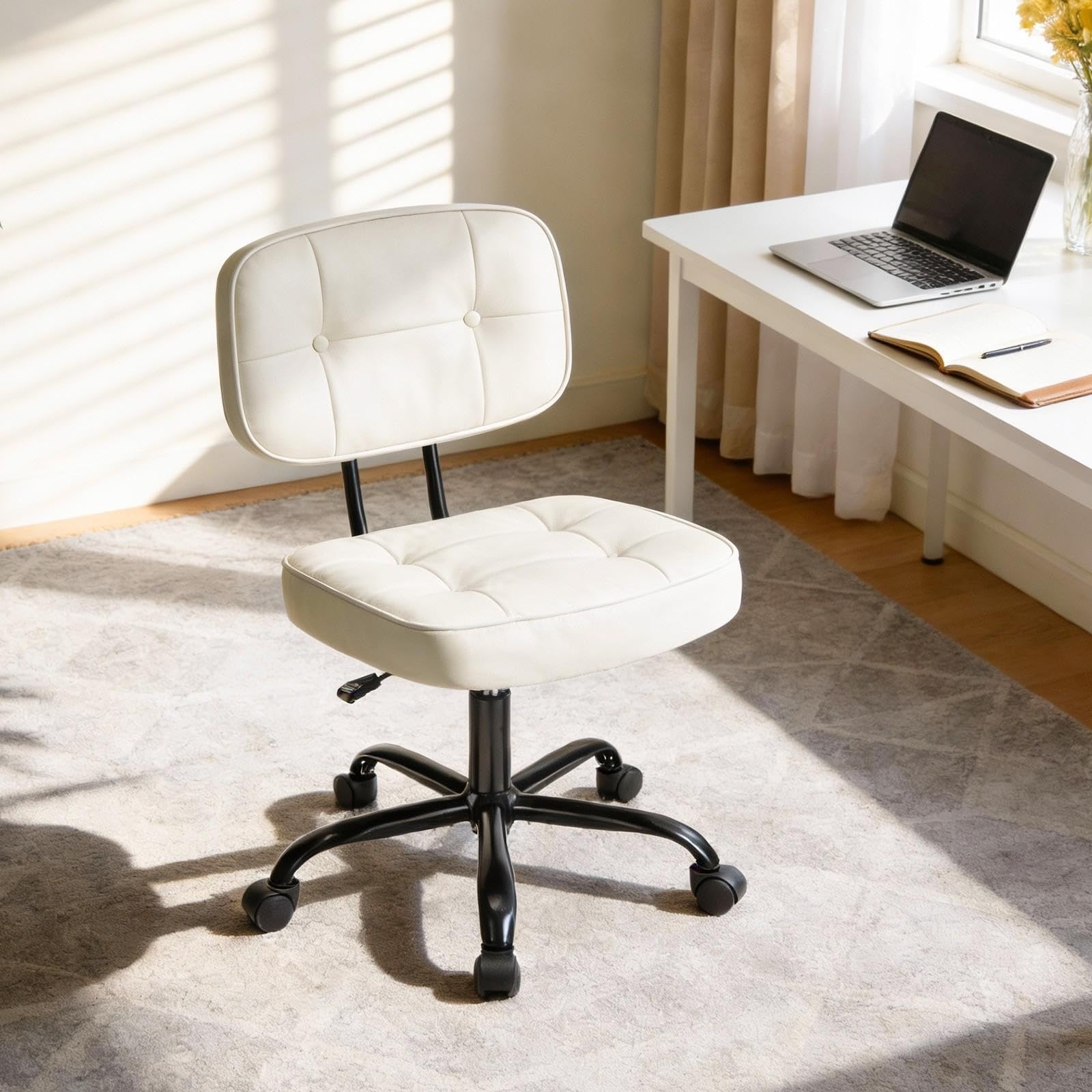 DUMOS Home Office Desk Chair - Ergonomic Armless PU Leather Computer Rolling Task Chair，with Comfy Lumbar Support and Height Adjustable, Vanity, Bedroom, Beige Image