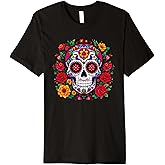Colorful Sugar Skull Floral Art Dia de los Muertos Premium T-Shirt