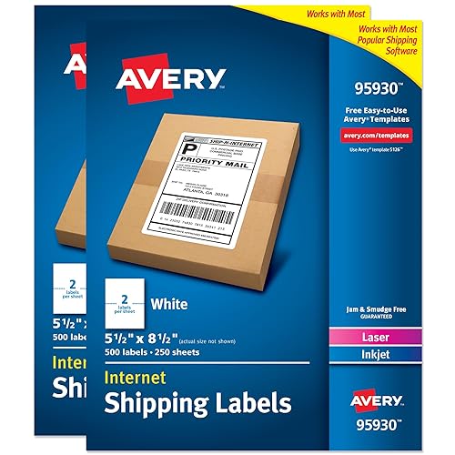 Avery Half Sheet Shipping Labels, 5.5" x 8.5", White, 500 Blank Mailing Labels, Laser/Inkjet Printable, Great for Packages, Product Merchandising, Organization, and More, 1000 Total (2 Packs of 95930)