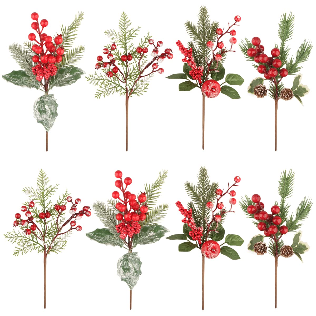 Songjum 8 Pack Artificial Christmas Branches Assorted Christmas Branches for Decoration, Red Berry Christmas Decorations with Pinecone Pine Needle for Christmas Wreaths Home Vase Decor