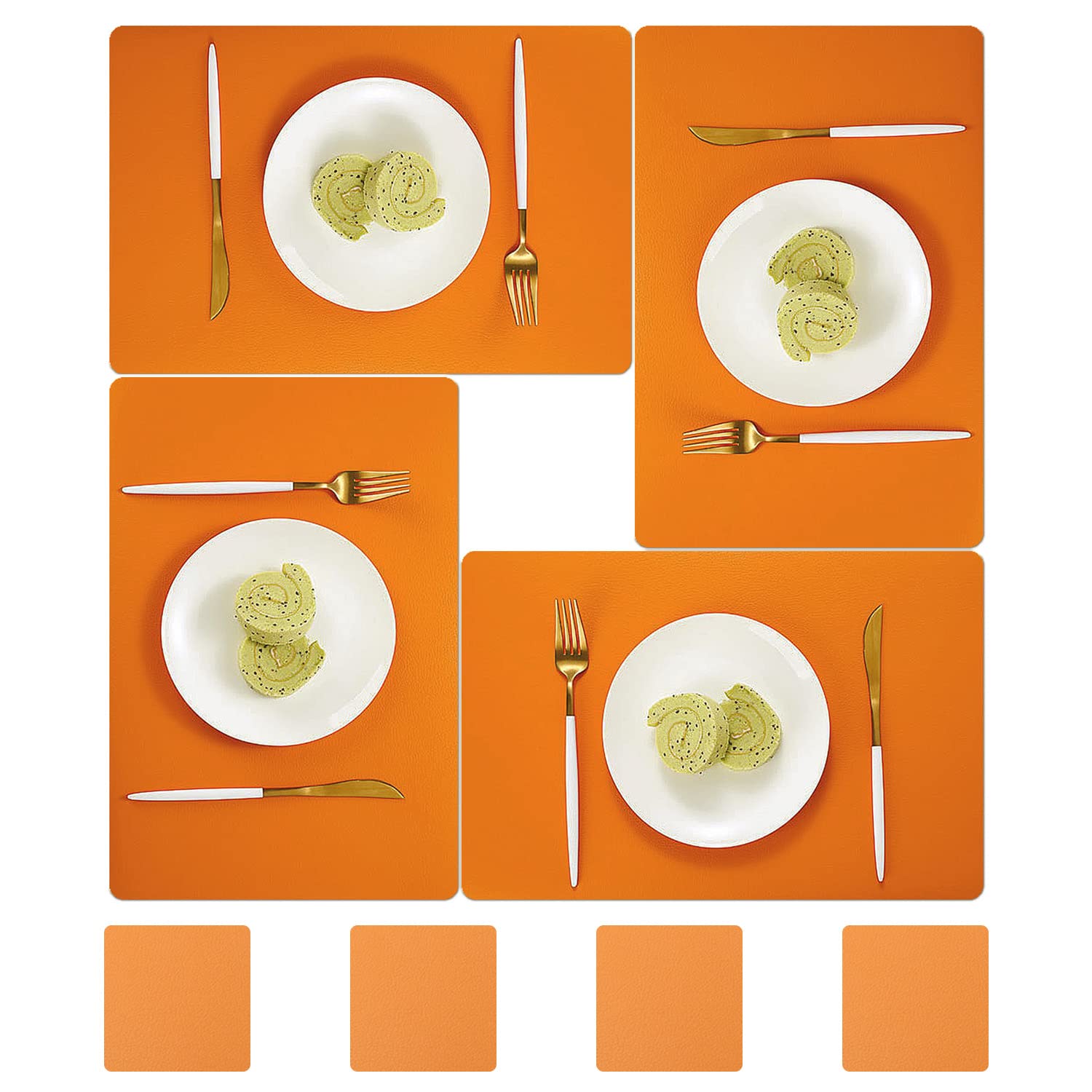 BECHEN Vinyl Placemats and Coasters Set of 4,Washable Table Mats Easy to Clean Leater Placemats for Dining Table (Orange)