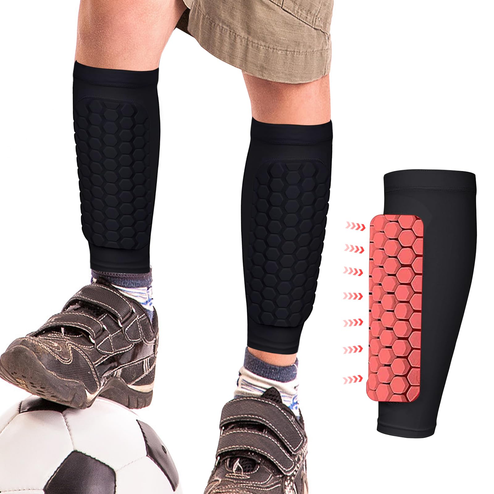 BoloShine 1 Pair Football Shin Pads Boys, Breathable Professional Calf Protective Shin Guards with Foam Padding, Shin Defender for Sports Soccer Rugby Hockey Kids Girls Adult Men Women (Black)