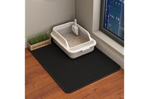 HCY&WLD Cat Litter Mat, 35x24 Inch/30x22 Inch/24x18 Inch Double Layer Cat Litter Box Mat, EVA Non-Slip, Waterproof Urine Proof Cat Litter Catcher Mat, Easy Clean Scatter Control (30x22 Inch, Black)
