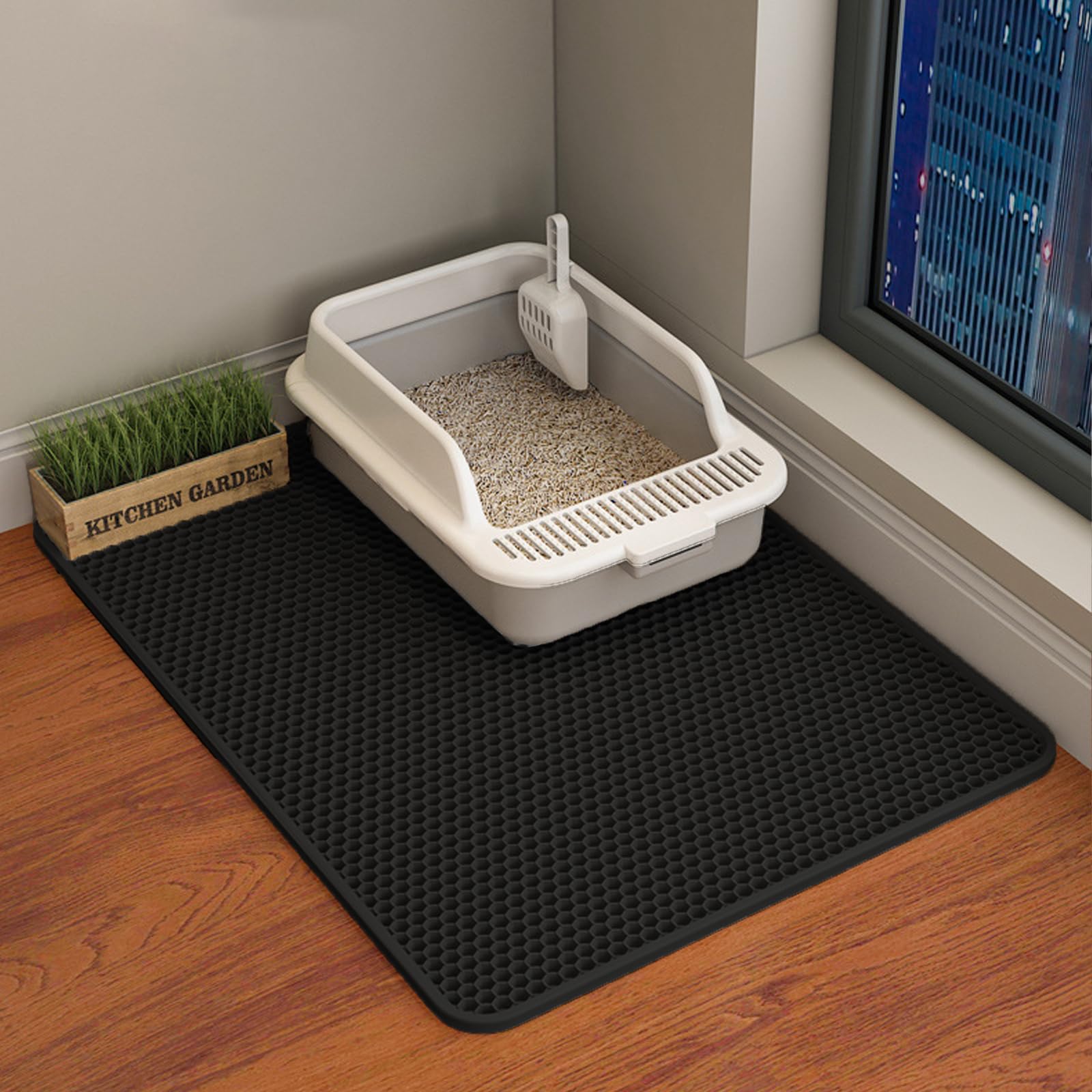Photo 1 of Hcy&Wld Cat ter Mat, 45x26/35x24/30x22/24x18 Inch Double Layer Cat Litter Box Mat, EVA Non-Slip, Waterproof Urine Proof Cat Litter Catcher Mat, Easy Clean Scatter Control (30x22 Inch, Black)