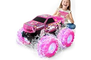 Drefirsa Pink Monster Truck, Unicorn Remote Control Car, 4WD All Terrain Off-Road Girl RC Truck with Colorful Light, Waterproof Remote Car Toy for 6 7 8 9 10 11 12 Year Old Girl Birthday Gift