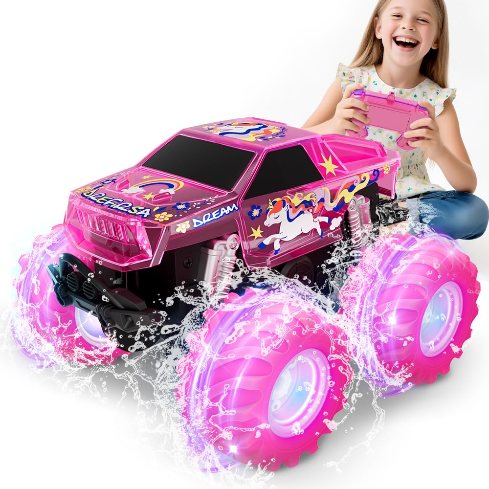 Drefirsa Pink Monster Truck, Unicorn Remote Control Car, 4WD All Terrain Off-Road Girl RC Truck with Colorful Light, Waterproof Remote Car Toy for 6 7 8 9 10 11 12 Year Old Girl Birthday Gift