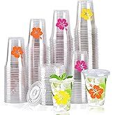 Datyiiha 150 Pack Hawaii Laua Cups 12 oz Clear Plastic Tropical Cups Hawaii Hibiscus Disposable Drinking Cups with Lids for Beach Hawaiian Luau Party Supplies Drinkware Decorations