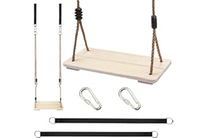 KINSPORY Wooden Swing Seat, Outdoor Swing Set Accessories for Backyard, Height Adjustable Rope with Hanging Tree Straps Kit for Porch Patio Garden Playgroud (Light Yellow)