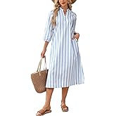YEXPINE Women Summer Striped Button Down Long Maxi Dress Loose Fit 3/4 Sleeve Cotton Caftan Shirt Dress with Pocket