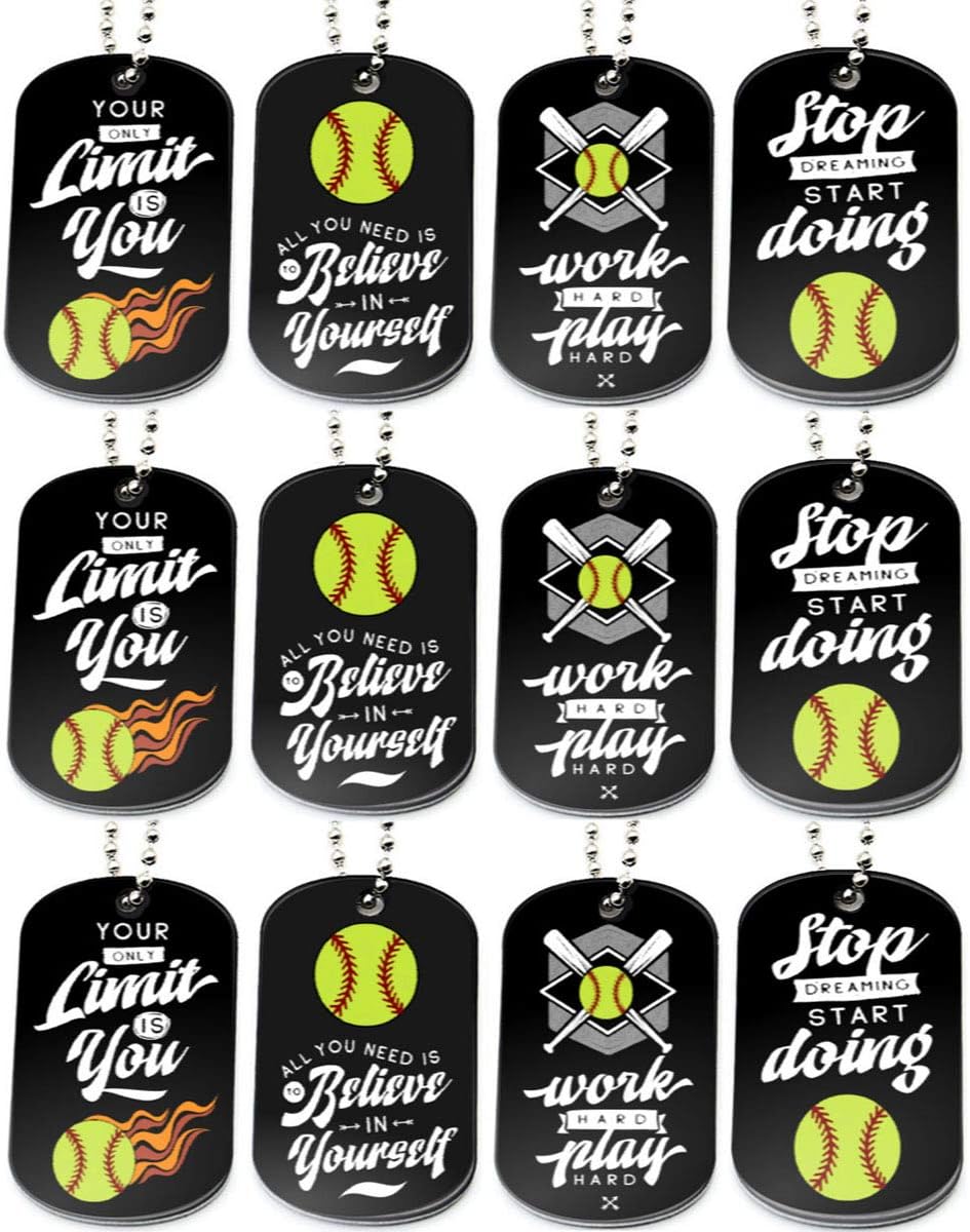 (12-Pack) Softball Dog Tag Necklaces with Inspirational Quotes - Wholesale Bulk Pack of 1 Dozen Dog Tags for Softball Themed Party Favors Supplies - Unisex Gifts for Softball Team Boys Girls Men Women: Health & Personal Care
