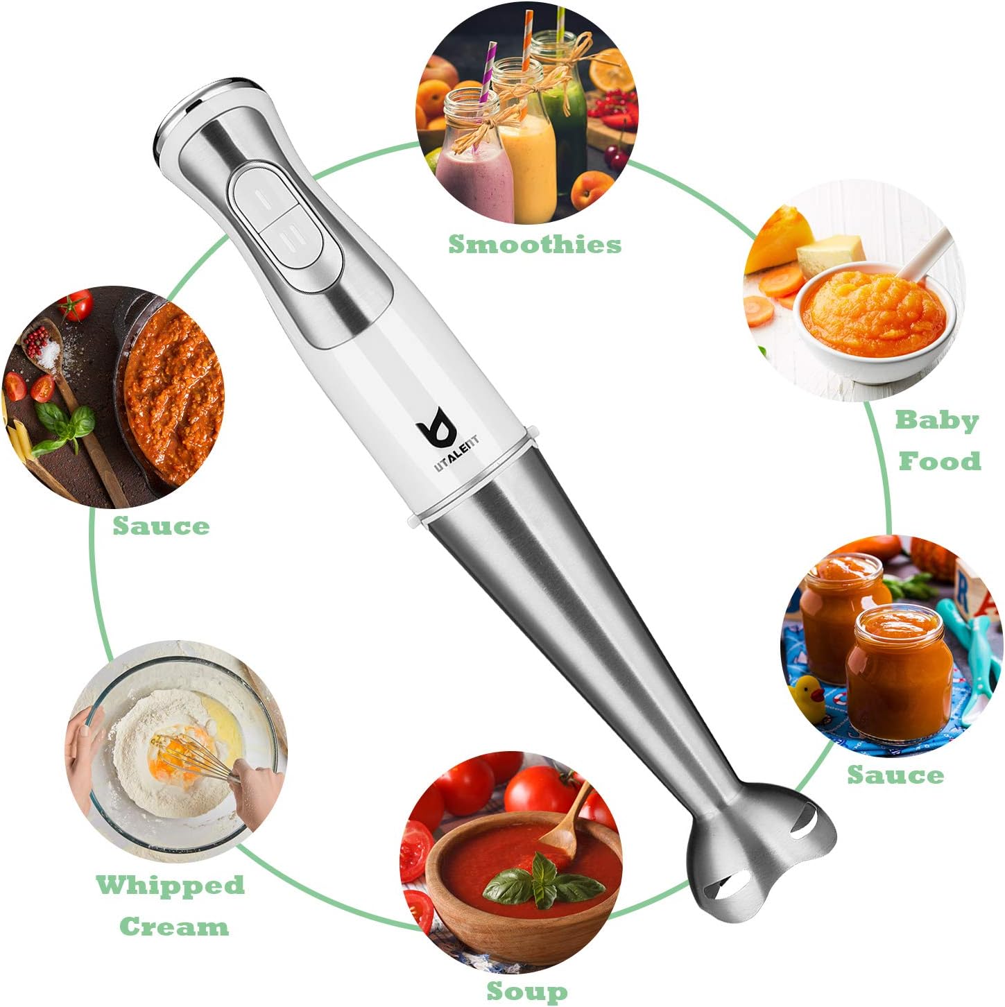 Immersion Hand Blender, Utalent 5-in-1 8-Speed Stick Blender with 500ml Food Grinder, BPA-Free, 600ml Container, Milk Frother, Egg Whisk, Puree Infant Food, Smoothies, Sauces and Soups - White: Kitchen & Dining
