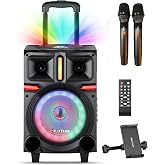 HEARTSEA Karaoke Machine, 8" Woofer Portable PA System, Bluetooth Speaker with 2 Wireless Microphones, Lyrics Display Tablet Holder, Party Lights &amp; Echo/Treble/Bass Adjustment Support REC/AUX/USB/TF