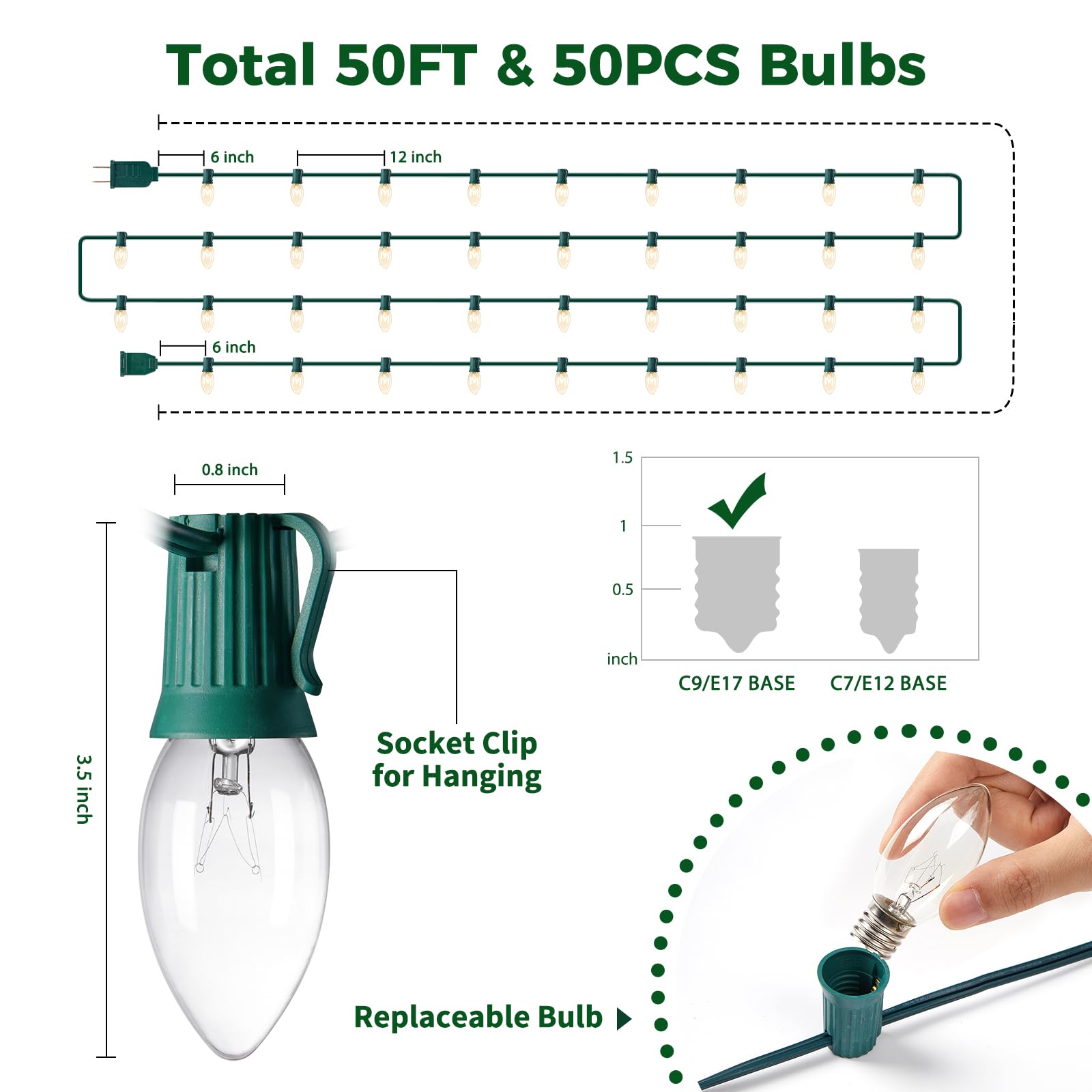 Vintage C9 Christmas Lights Outdoor, 50 FT C9 String Lights with 50 Clear Bulbs, Waterproof Christmas Tree Light for Outdoor Indoor Xmas Roofline Backyard Garden Patio Home Holiday Decor, Green Wire