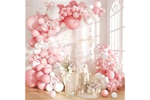 FUTUREFERRY Pink Bow Balloons Garland Arch Kit,180Pcs Pink and White Balloons with Clear Balloon Wrap Bows for Wedding Bachelorette Baby Shower Coquette Birthday Party Decorations