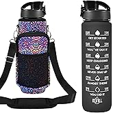 Newfad 32 oz Water Bottles with Straw & Strap, Motivational Water Bottles with Times to Drink, BPA Free Reusable Sports Water Bottle with Sleeve Carrier for Hiking, Travel, Running or Fitness